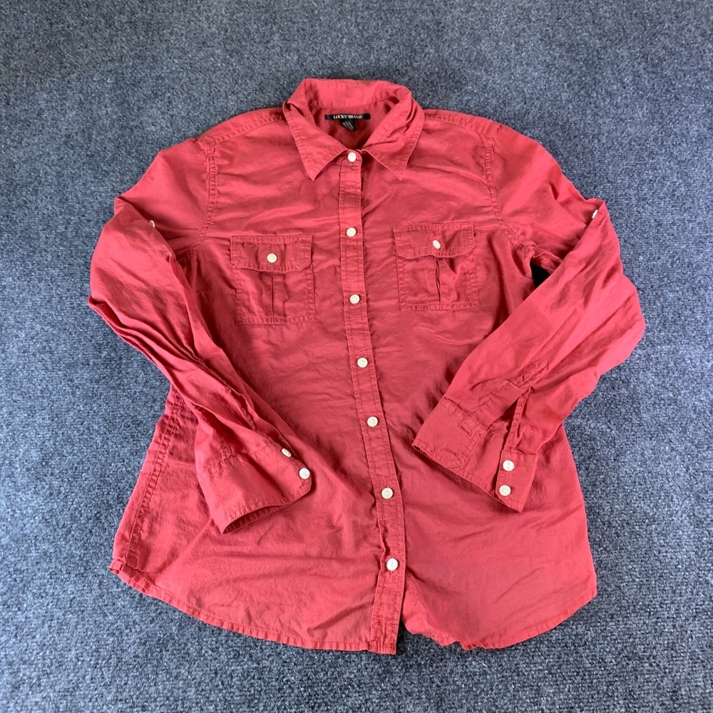 Lucky Brand Shirt Womens Large Red Cotton Button Front Flap Pockets Casual Wear